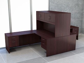 Picture of 2 Person L Shape Office Desk Workstation with Closed Overhead Storage