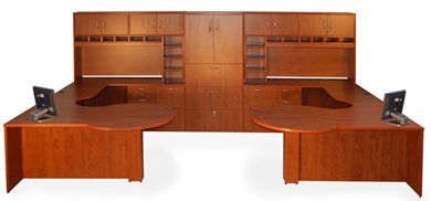 Picture of 2 Person P Top U Shape Office Desk Workstation with Closed Overhead and Lateral Bookcase Storage