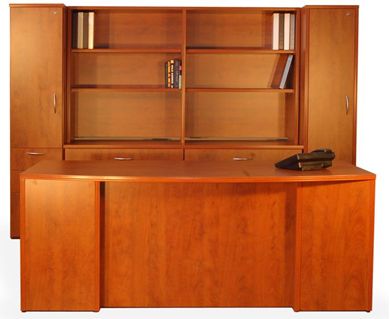 Picture of 72" Bowfront Executive Office Desk Workstation with Storage Credenza and Wardrobe Storage