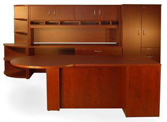 Picture of P Top Executive Office Workstation with Lateral Credenza, Wardrobe and Open Bookcase