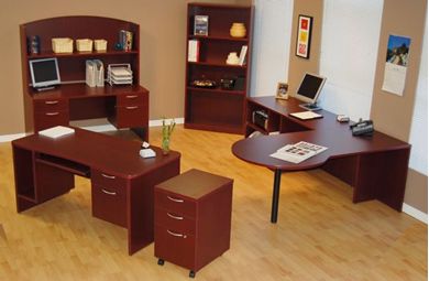Picture of L Shape Desk with Freestanding Desk and Overhead Storage, Bookcase, and Mobile File Storage