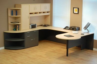 Picture of 72" U Shape P Top Office Desk Workstation with Closed Overhead Storage Hutch and Corner Bookcase