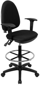 Picture of MID-BACK BLACK FABRIC MULTI-FUNCTIONAL DRAFTING STOOL WITH ARMS AND ADJUSTABLE LUMBAR SUPPORT