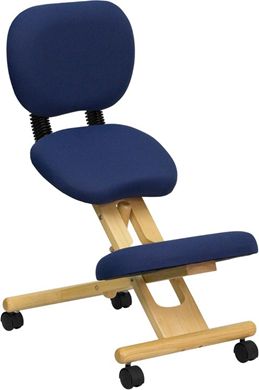 Picture of MOBILE WOODEN ERGONOMIC KNEELING POSTURE CHAIR IN NAVY BLUE FABRIC WITH RECLINING BACK