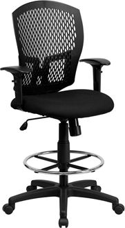 Picture of MID-BACK DESIGNER BACK DRAFTING STOOL WITH PADDED FABRIC SEAT AND ARMS