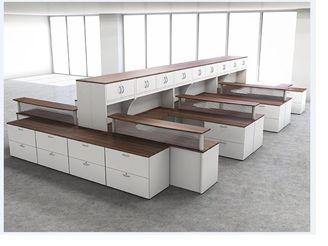 Picture of Cluster of 6 Person U Shape Office Desk Workstation with Closed Overhead and Lateral File Storage