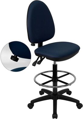 Picture of MID-BACK NAVY FABRIC MULTI-FUNCTIONAL DRAFTING STOOL WITH ADJUSTABLE LUMBAR SUPPORT