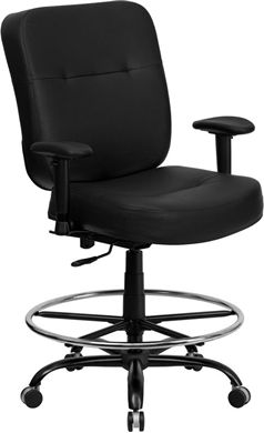 Picture of 400 LB. CAPACITY BIG & TALL BLACK LEATHER DRAFTING STOOL WITH ARMS AND EXTRA WIDE SEAT