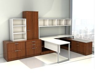 Picture of Contemporary U Shape Office Desk Workstation with Wall Mount Storage and Lateral File