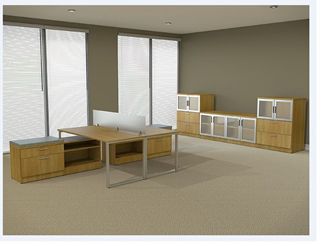 Picture of Contemporary 2 Person L Shape Office Desk Workstation with Glass Door Lateral File Storage