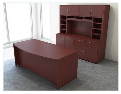 Picture of 72" Bowfront Executive Office Desk Workstation with Storage Credenza and Closed Overhead Storage Hutch