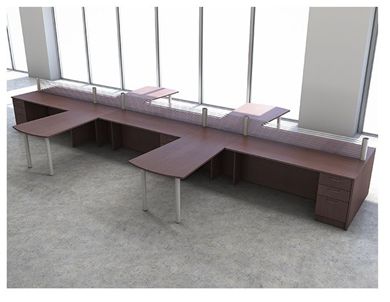 Picture of Cluster of 6 Person L Shape Teaming Bench Seating with Filing Cabinet and Dividing Panels