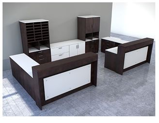 Picture of 72" 2 Person L Shape Reception Desk Workstation with Lateral Storage Credenza Bookcase Filing