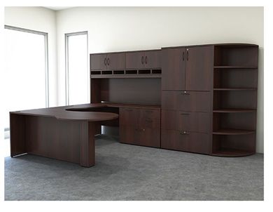 Picture of 72" U Shape P Top Office Desk Workstation with Closed Overhead and Lateral File with Upper Storage and Corner Bookcase