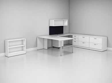 Picture of U Shape Office Desk Workstation with Wall Mounted Storage and Low Bookcase 