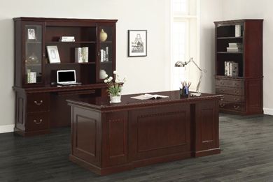 Picture of Traditional Veneer Executive Office Desk, Glass Door Kneespace credenza with Bookcase Lateral File