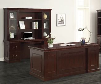 Picture of Traditional Veneer Executive Desk with Kneespace Credenza and Glass Door Storage Hutch