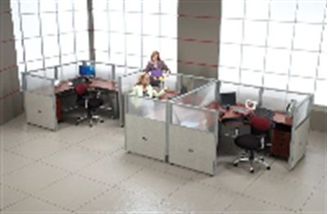 Picture of Cluster Of 3 72" L Shape Cubicle Desk Workstation with Glass Header.