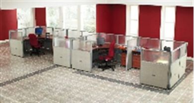Picture of Cluster Of 4 72" L Shape Cubicle Desk Workstation with Glass Header.