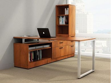 Picture of Contemporary L Shape Office Desk Workstation with Multi Lateral Bookcase Filing