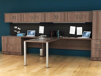 Picture of 2 Person Shared L Shape 72" Desk Workstation with Lateral Filing and Overhead Storage