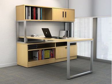 Picture of Contemporary 72" L Shape Office Desk Workstation with Lateral Filing and Overhead Storage