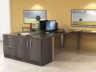 Picture of 2 Person Shared L Shape Office Desk Workstation with Lateral Filing and Storage