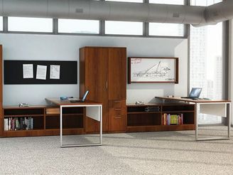 Picture of Contemporary 2 Person L Shape Office Desk Workstation with Markerboard and Wardrobe Storage