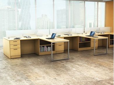 Picture of Cluster of 6 Person L Shape Shared Office Desk Teaming Workstation wtih Filing and Bookcase