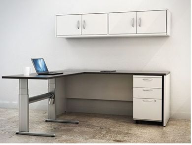 Picture of L Shape Height Adjustable Table with Filing Cabinet and Wall Mount Storage