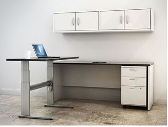 Picture of L Shape Height Adjustable Table with Filing Cabinet and Wall Mount Storage