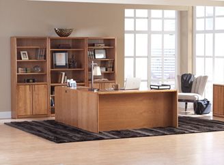 Picture of Contemporary L Shape Office Desk Workstation with Bookcase Center