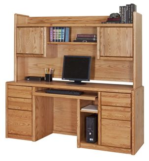 Picture of Contemporary Kneespace Credenza Workstation with Partial Closed Overhead Storage Hutch