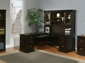 Picture of Traditional L Shape Office Desk Workstation with Glass Door Overhead Storage, Left Hand