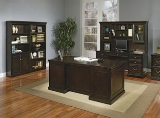 Picture of Traditional Executive Desk Set with Kneespace Credenza, Overhead Storage and Bookcase Center