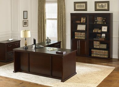 Picture of Transitional Veneer L Shape Office Desk Workstation with Bookcase Filing Storage Center 