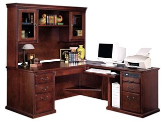 Picture of Transitional Veneer L Shape Office Desk Workstation with Glass Door Overhead Hutch Storage