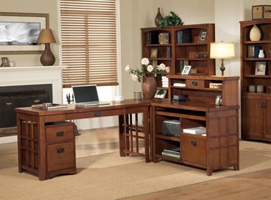 Picture of Transitional L Shape Office Desk Workstation with Hutch and Bookcase Center
