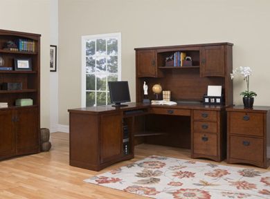 Picture of Transitional L Shape Office Desk Workstation with Overhead, 2 Drawer Vertical with Bookcase