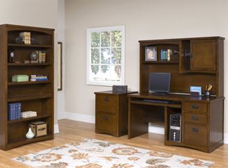 Picture of Transitional Single Pedestal Credenza with Overhead Hutch, Filing Cabinet and Open Bookcase