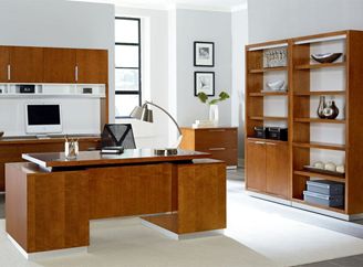 Picture of Sleek Contemporary Veneer Desk Set with Credenza, Hutch, Lateral File and Bookcases