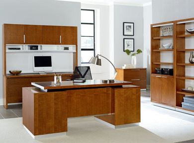 Picture of Sleek Contemporary Veneer Desk Set with Credenza, Hutch, Lateral File and Bookcases