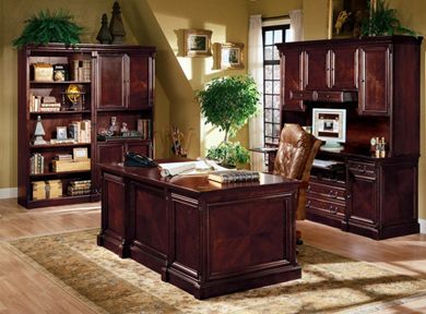 Picture of Rich Veneer Executive Desk Station, Credenza with Overhead Storage and Bookcase Center