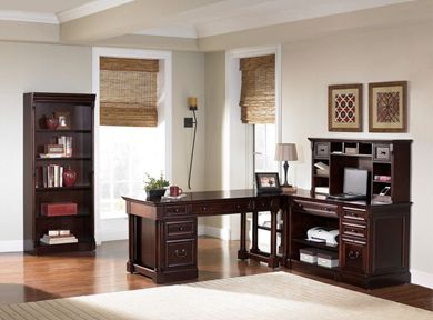 Picture of Rich Veneer L Desk Office Desk Workstation with Overhead Storage Organizer and Open Bookcase