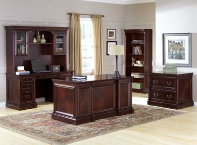 Picture of Rich Veneer Executive Office Desk Workstation, Credenza with Glass Door Hutch, Open Bookcase and 2 Drawer Lateral File