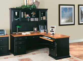 Picture of Hardwood L Shape Office Desk Workstation with Glass Door Hutch