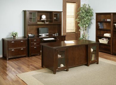Picture of Modern Wood Executive Desk Station with Credenza, Hutch, Lateral File and Open Bookcase