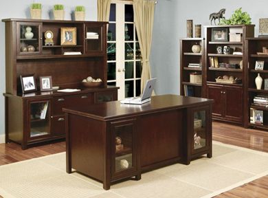 Picture of Modern Wood Executive Office Desk, Storage Credenza with Glass Door Hutch and Lower Door Bookcase
