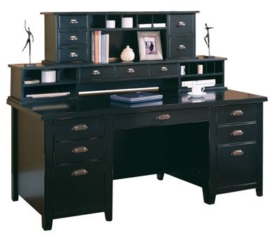 Picture of Modern Wood Double Pedestal Desk with Reception Organizer Storage Hutch