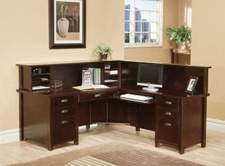 Picture of Modern Wood L Shape Reception Office Desk Workstation with Organizer Hutch